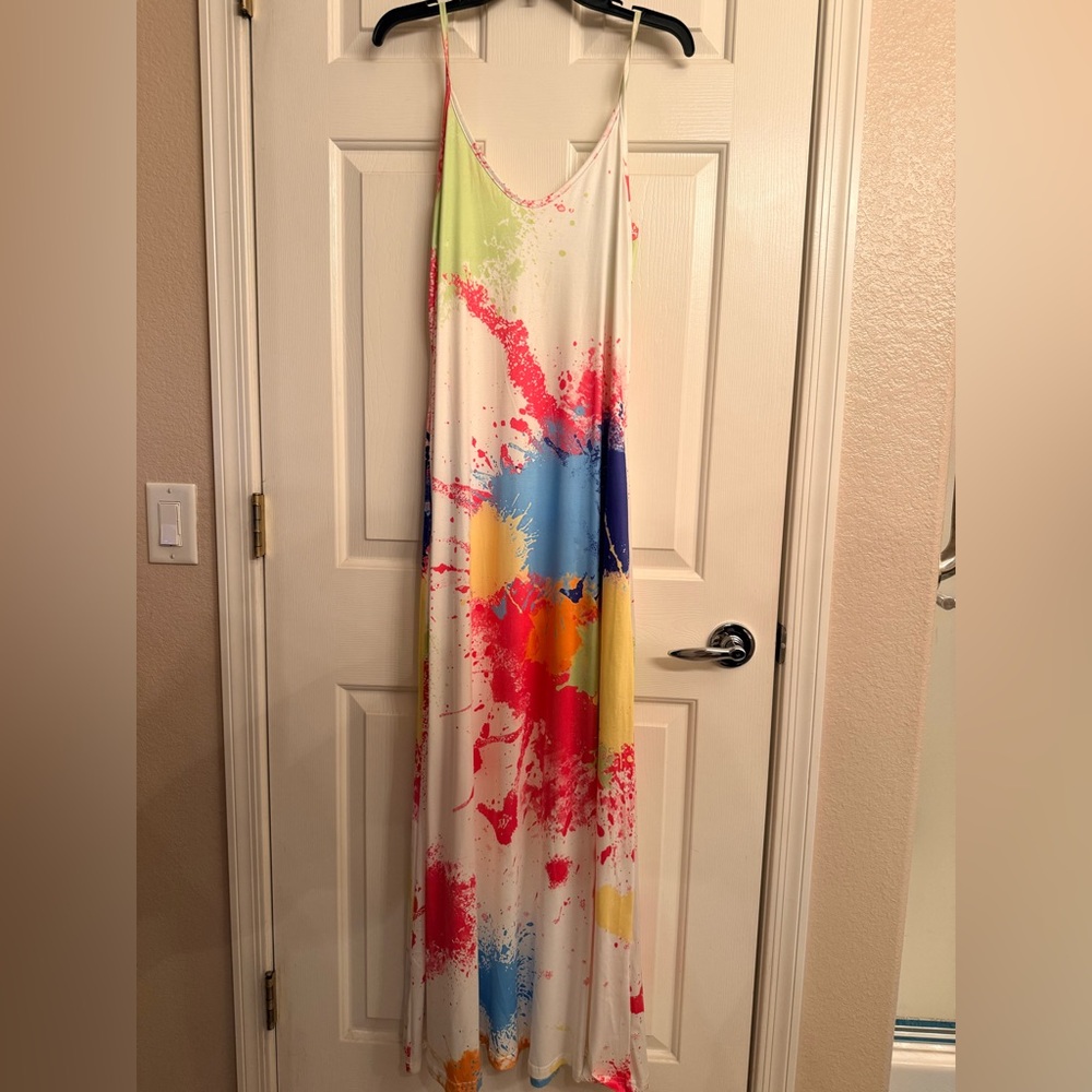 Colorful Splatter Maxi Dress Sleeveless Medium Pockets